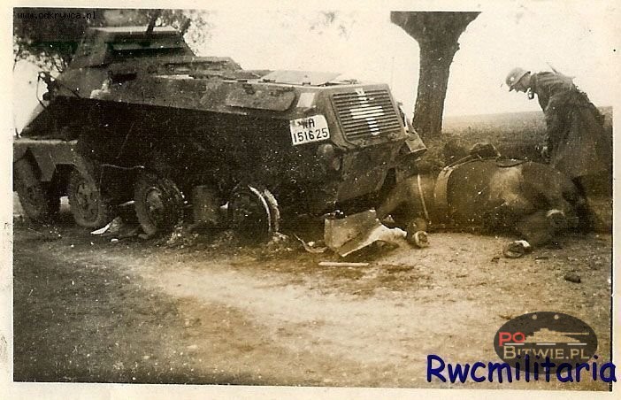 [PSW][#520]{004}{a} s.Pz.Sp.Wg Sd.Kfz.231 (8 Rad), Aufkl.Abt.(mot.).20, WH-151625, droga Zambrów - Czyżew, środek drogi, truchło konia.jpg
