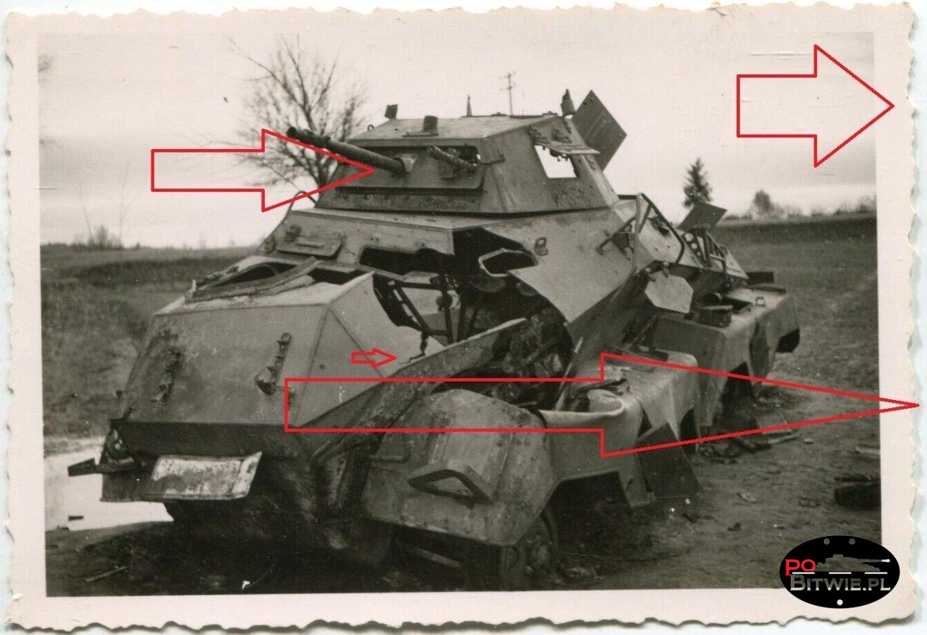 [PSW][#550]{070}{a} s.Pz.Sp.Wg (FU) Sd.Kfz.232 (8 Rad), II.!Aufkl.Rgt.(mot.).9, WH-75382, Ujazdy (Wesoła)!Kąkolówka, duża dziura lewy przód, dach z boku.jpg