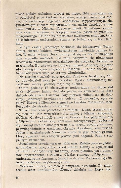 Fragment wspomnień "Barabasza" z opisem akcji w której zginął "Filipowicz".