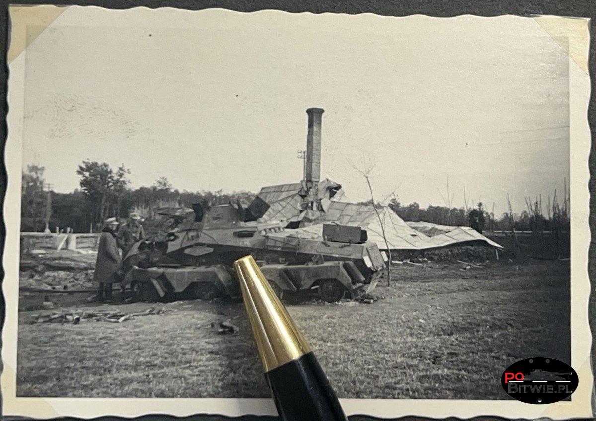 [PSW][#550]{072}{a} s.Pz.Sp.Wg (FU) Sd.Kfz.232 (8 Rad), II.!Aufkl.Rgt.(mot.).9, WH-75382, Ujazdy (Wesoła)!Kąkolówka, duża dziura lewy przód, dach z boku.jpg